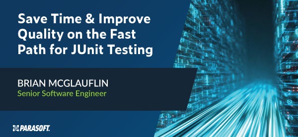 Save Time & Improve Quality on the Fast Path for JUnit Testing webinar title on left with abstract graphic on right