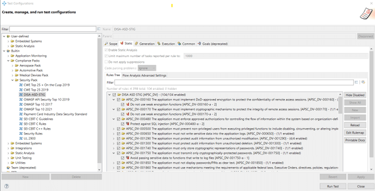 Captura de pantalla que muestra un conjunto de reglas de ID STIG de DISA dedicadas con una colección de verificadores de análisis estático en la versión Parasoft C/C++test 2022.1.