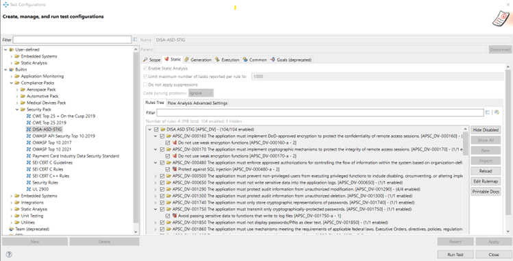 Screenshot, der einen dedizierten DISA-STIG-ID-Regelsatz mit einer Sammlung statischer Analyseprüfer in der Parasoft C/C++test 2022.1-Version zeigt.