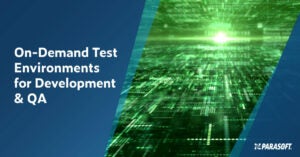 Text on left in white font on dark blue background: On-Demand Test Environments for Development & QA. On right is abstract image of light in motion in bright green streaming from spotlight.
