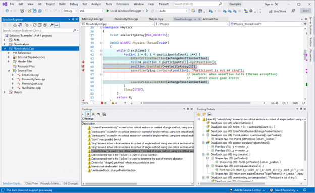Captura de pantalla que muestra los resultados del análisis de código estático en el IDE con el complemento Visual Studio 2022 de C/C++test.