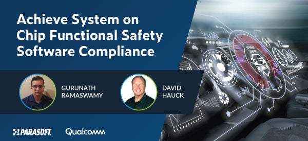 Qualcomm präsentiert: Titel des Webinars „How to Achieve System on Chip Functional Safety Compliance“ mit Bild der Referenten und abstrakter Automobilgrafik auf der rechten Seite