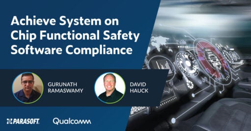 Qualcomm präsentiert: Titel des Webinars „How to Achieve System on Chip Functional Safety Compliance“ mit Bild der Referenten und abstrakter Automobilgrafik auf der rechten Seite