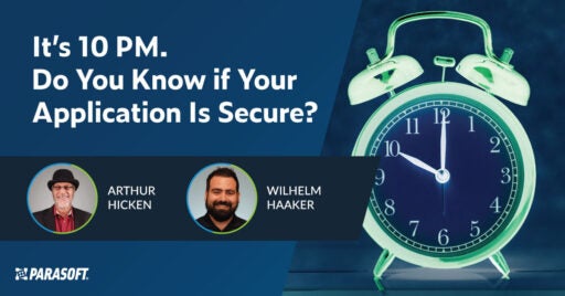 It’s 10 PM. Do You Know if Your Application Is Secure? webinar title with graphic of alarm clock on right