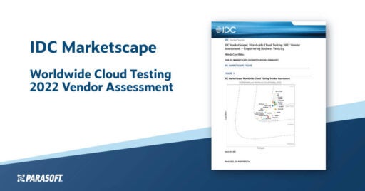 Texto a la izquierda: IDC Marketscape Worldwide Cloud Testing 2022 Vendor Assessment. A la derecha: una imagen de portada del informe de IDC.