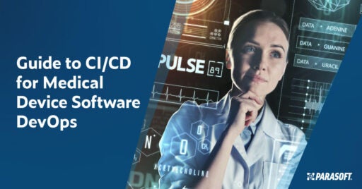 Text links in weißer Schrift auf dunkelblauem Hintergrund: Guide to CI/CD for Medical Device Software DevOps. Rechts ist ein Bild einer Ärztin zu sehen, die Daten analysiert, die von Software für medizinische Geräte generiert wurden.