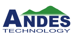 Logo pour Andes Technology en police bleue avec des montagnes vertes en arrière-plan