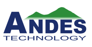 Logo for Andes Technology in blue font with green mountains in background