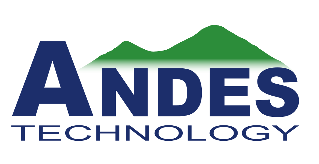 Logo for Andes Technology in blue font with green mountains in background