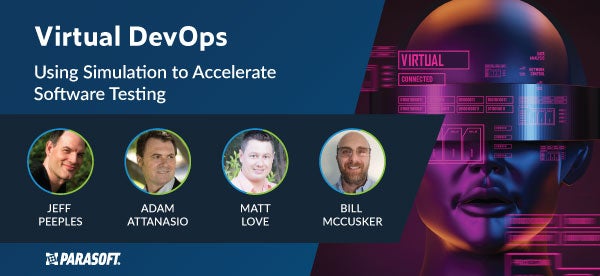 Virtual DevOps: Using Simulation to Accelerate Software Testing webinar title with panel of speakers below