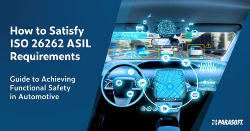 Texte blanc sur fond bleu à gauche : Guide to Achieving Functional Safety in Automotive : How to Satisfy ISO 26262 ASIL Requirements. À droite se trouve la vue du passager arrière à l'intérieur d'un véhicule du volant, de l'application de navigation et d'autres logiciels automobiles intégrés et connectés.