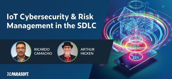 IoT-Cybersicherheit und Risikomanagement im Titel des SDLC-Webinars mit Porträtfotos der Sprecher und abstrakter Grafik auf der rechten Seite