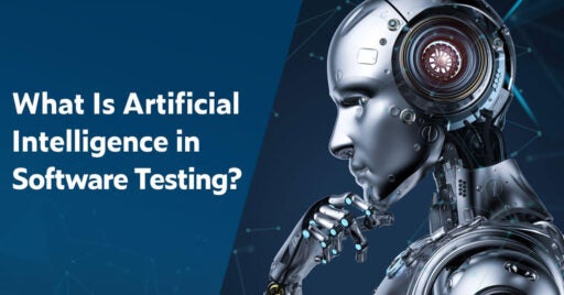 Text links in weißer Schrift auf dunkelblauem Hintergrund: What Is Artificial Intelligence in Software Testing? Rechts ist ein Seitenprofilbild eines metallischen Roboters in tiefen Gedanken mit der Hand am Kinn wie The Thinking Man.