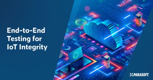 Text on left: End-to-End Testing for IoT Integrity. Image on right shows an illuminated and colorful dashboard of connected internet of things with a few items sitting atop it in 3D: laptop, hard drives, a large cloud at the center.