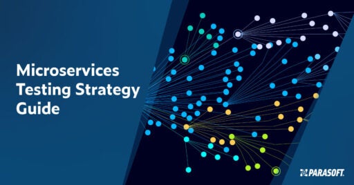 Text links in weißer Schrift auf dunkelblauem Hintergrund: Microservices Testing Strategy Guide. Das Bild rechts zeigt farbige Punkte in verschiedenen Farben, die Microservices und APIs darstellen und mit dünnen Linien verbunden sind.