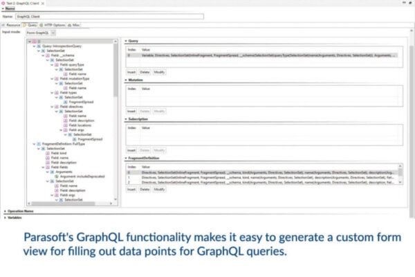 Screenshot of Parasoft's GraphQL client. Caption reads: Parasoft's GraphQL functionality makes it easy to generate a custom form view for filling out data points for GraphQL queries.