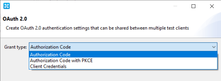 Screenshot of OAuth 2.0 with Authorization Code grant type highlighted in a dropdown list.