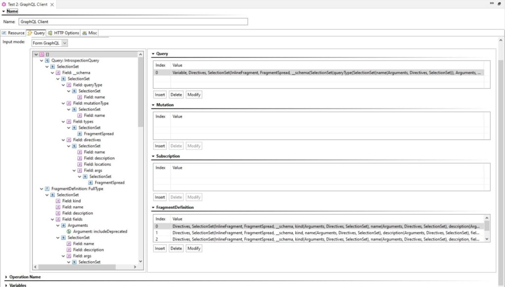Captura de pantalla del cliente GraphQL con un modo de entrada donde los usuarios pueden agregar el texto de una consulta GraphQL predefinida.