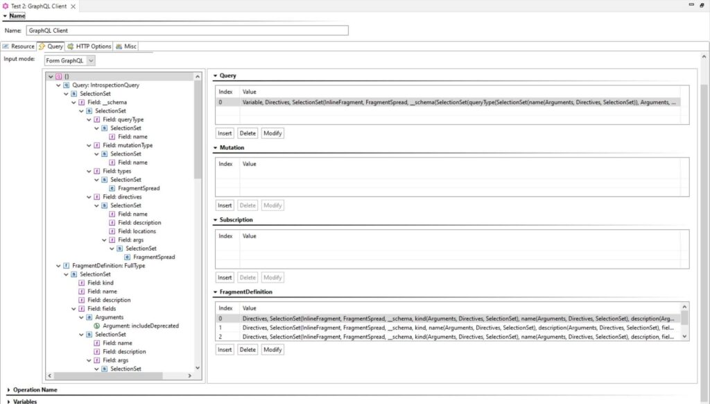 Screenshot of GraphQL Client with an input mode where users can add the text of a predefined GraphQL query.