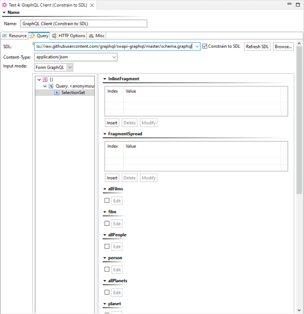 Screenshot of GraphQL Client showing the ability to constrain the GraphQL form view to only those fields that are specified within the SDL.