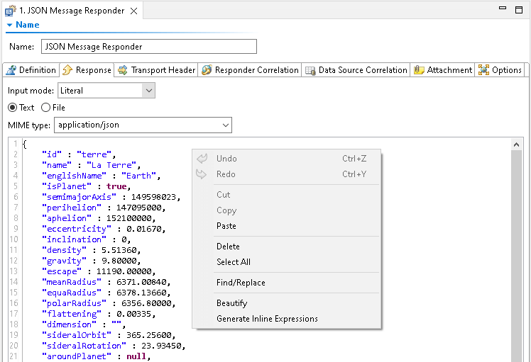 Screenshot of JSON Message Responder showing right-click menu to click Generate Inline Expressions.