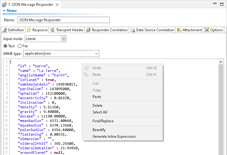 Capture d'écran de JSON Message Responder montrant le menu contextuel pour cliquer sur Générer des expressions en ligne.