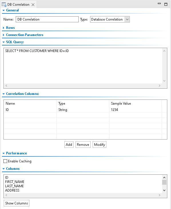 Captura de pantalla de Parasoft Virtualize Database Correlation que muestra la compatibilidad con CRUD para bases de datos SQL.