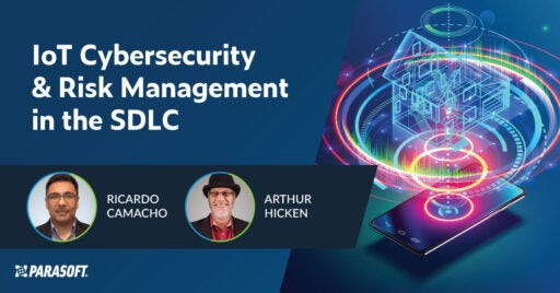 Cybersécurité IoT et gestion des risques dans le titre du webinaire SDLC avec des photos des intervenants et un graphique abstrait à droite