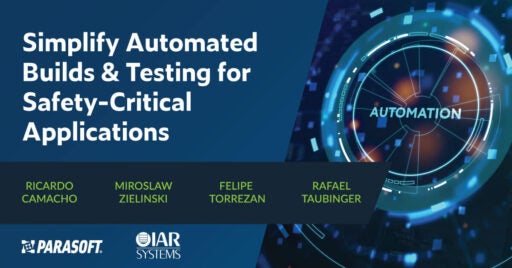 Titeltext „Simplify Automated Builds & Testing for Safety-Critical Applications“ mit den Namen der Webinar-Sprecher unten