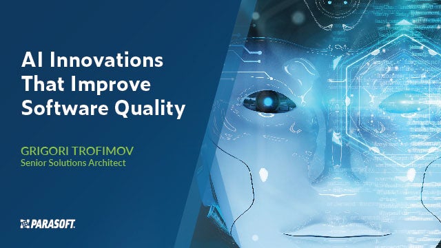 Bild rechts vom weißen Robotergesicht. Links ist weißer Text auf blauem Hintergrund: AI Innovations That Improve Software Quality.