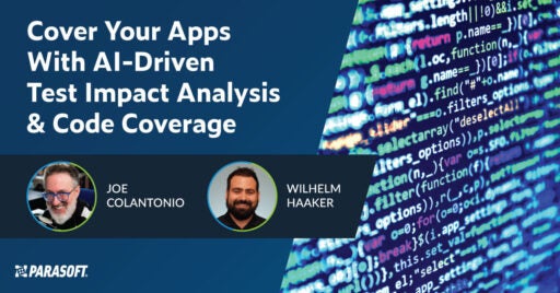 Cover Your Apps With AI-Driven Test Impact Analysis & Code Coverage with images of presentation speakers and abstract code image on right