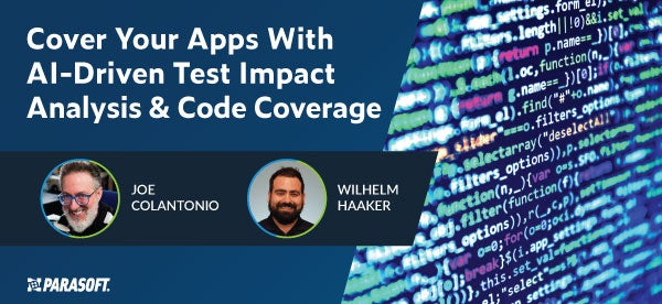 Cover Your Apps With AI-Driven Test Impact Analysis & Code Coverage with images of presentation speakers and abstract code image on right