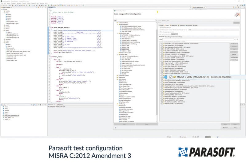 Capture d'écran montrant la configuration de test Parasoft pour MISRA C:2012 Amendement 3