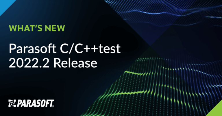 Quoi de neuf Parasoft C/C++test 2022.2 Release avec le logo Parasoft en bas à gauche et une image abstraite de points verts et bleus avec un effet de vague.