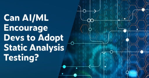 Text on left in white font on dark blue background: Can AI/ML Encourage Devs to Adopt Static Analysis Testing? On right is an abstract image with binary code in background and sparse dots connected via thin lines in the foreground.