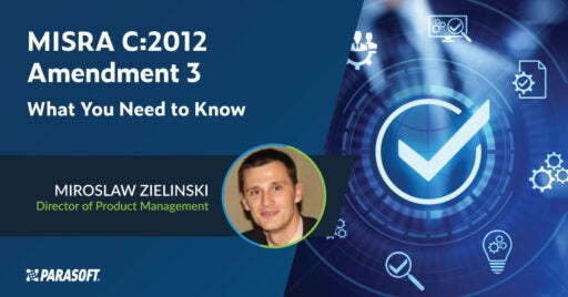 Texte du titre du webinaire : MISRA C:2012 Amendement 3 Ce que vous devez savoir présenté par Miroslaw Zielinski, directeur de la gestion des produits avec une image à droite des icônes de technologie dans un cercle avec une grande coche au milieu.