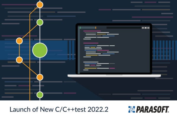 Abstraktes Bild mit gelben und grünen Punkten, die links mit einem Monitor verbunden sind, der rechts den Code anzeigt. Darunter befindet sich die Überschrift Launch of New C/C++test 2022.2 mit dem Parasoft-Logo auf der rechten Seite.