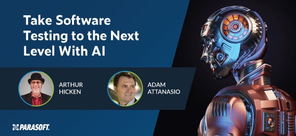 Take Software Testing to the Next Level With AI on left with graphic of human robot on right
