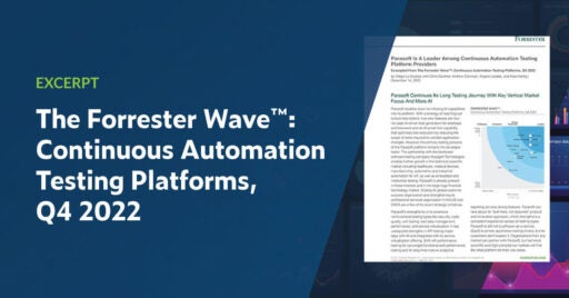 Texto a la izquierda: Extracto de The Forrester Wave™: Plataformas de prueba de automatización continua, cuarto trimestre de 4. Imagen a la derecha que muestra una vista previa del resumen con un panel analítico y de informes en segundo plano.