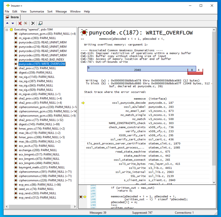 Capture d'écran de l'interface graphique Parasoft Insure++ montrant la vulnérabilité Punycode détectée.