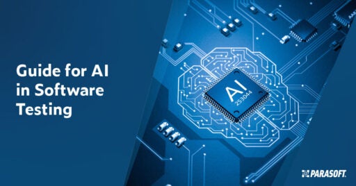 Whitepaper title on the left: Guide for AI in Software Testing. On the right is a birdseye view of a circuit board with AI square in the middle and bordered by connectors on all sides forming the outlined shape of a brain.
