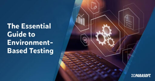 Text on left: The Essential Guide to Environment-Based Testing. Image on right shows a keyboard on the bottom and floating icons of various environment-based testing elements.