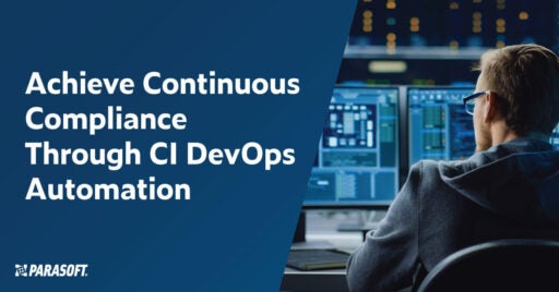 Text on left: Achieve Continuous Compliance Through CI DevOps Automation. On right image of man looking at computer screen