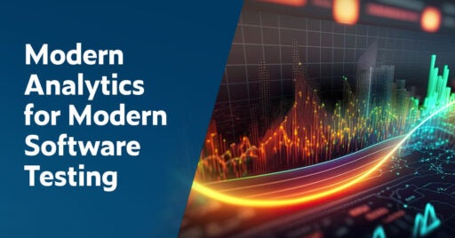 Text links: Modern Analytics for Modern Software Testing. Das abstrakte 3D-Bild auf der rechten Seite zeigt leuchtend gelbe, orangerote, grüne und blaue Diagramm- und Balkenlinien.