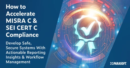 Text on the left: How to Accelerate MISRA C & SEI CERT C Compliance: Develop Safe, Secure Systems With Actionable Reporting Insights & Workflow Management. On the right is a glowing light blue image of a checkmark inside a ribbon with an abstract background of lines forming a circular shape.