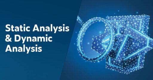 Text on left: Static Analysis & Dynamic Analysis. On the right is a 3D image showing a magnifying glass stacked on top of a sideways S stacked on top of a shield. The background is solid blue and each image is outlined in white and filled with white connected dots.