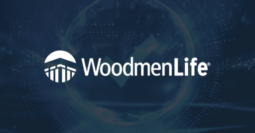 In the foreground is WoodmenLife logo. Background is primarily a faded dark blue and shows faded images of a grayish blue checkmark inside a grayish blue circle.