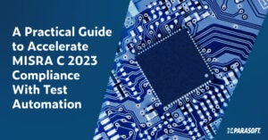 Text on the left: A Practical Guide to Accelerate MISRA C 2023 Compliance With Test Automation. On the right is a closeup image of an embedded system microchip.