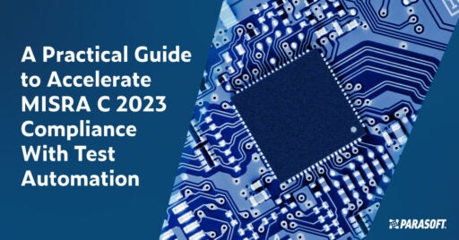 Text links: A Practical Guide to Accelerate MISRA C 2023 Compliance With Test Automation. Auf der rechten Seite ist eine Nahaufnahme eines Mikrochips eines eingebetteten Systems zu sehen.