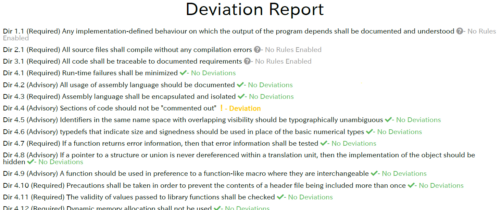 Screen capture of MISRA Deviation Report using Parasoft C/C++test as the analysis tool. Report lists each rule and status of No Rules Enabled, No Deviations or Deviations. For those with deviations, provides details such as rule ID, deviation type and modification history.